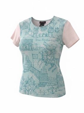 Custo Barcelona Light Blue Printed Crewneck Tee with Pale Pink Sleeves